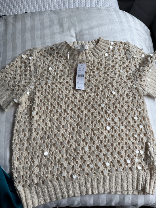 J. Crew Tops - J. Crew Cream Open-Knit Sequin Short Sleeve Sweater with white pearls.